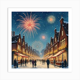 A Watercolor Of A Traditional English New Year’S Eve Celebration, With Fireworks And Festivities 1 Art Print