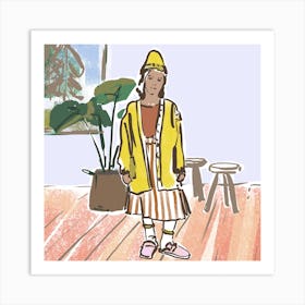 Girl In A Yellow Coat square Art Print