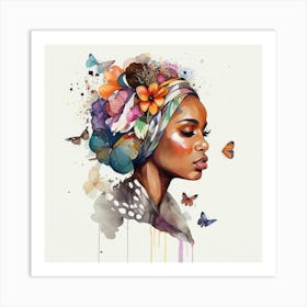 Watercolor Floral Muslim African Woman #3 Art Print