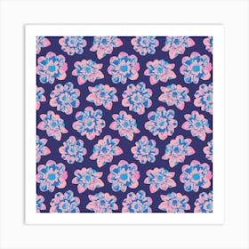 COSMIC COSMOS Multi Abstract Floral Summer Bright Flowers in Pale Pink Royal Blue on Dark Blue Art Print