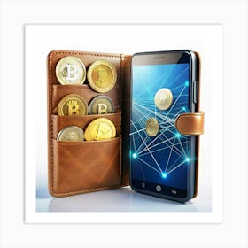 A smartphone with a leather case represents a cryptocurrency wallet. Art Print