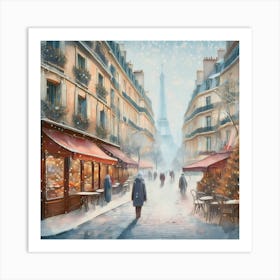 Paris cafes, winter season, Christmas, pale colors, pedestrians in the street, winter clothes, falling snow.1 2 Art Print