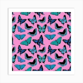 Blue Butterflies On Pink Art Print
