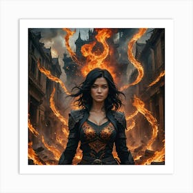 Girl Surrounded by Flames 3 Art Print