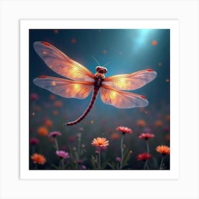 A Mythical Dragonfly With Wings Of Glowing, Fractal Colors Fluttering Through A Cosmic Meadow Art Print