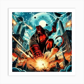 A Page For A Fantasy Comic Book Starring Hellboy Fighting An Epic Battle In A Fiery Apocalyptic Cityscape, Highlighting Explosions And Supernatural Elements Using Vivid Comic Styles And Visual Effects 2 Art Print