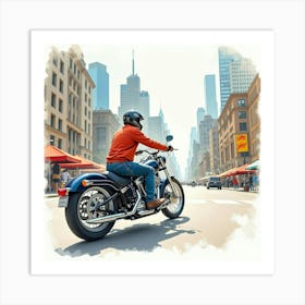 Chopper Bike In A Dynamic Cityscape Watercolor Art 1 Art Print