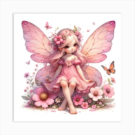 Butterfly Pink Fairy in a Flower Art Print