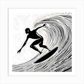 Surfer On A Wave Linocut Black And White Painting, into the water, surfing 2 Art Print