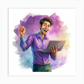 Happy Man With Laptop In Front Of A Colorful Abstract Background Art Print