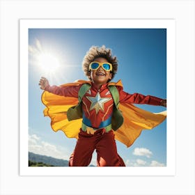 A Dynamic Superhero Costume Clad Business Leader Soaring Through A Bright Summer Sky Their Cape Rip (3) Art Print