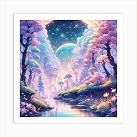 A Fantasy Forest With Twinkling Stars In Pastel Tone Square Composition 353 Art Print