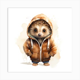 Watercolour Cartoon Hedgehog In A Hoodie 1 Art Print