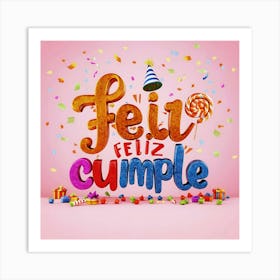 Feliz cumple and Feliz cumpleaños sign means Happy Birthday in Spanish language, Birthday party celebration gift  with birthday cake candle colorful balloons best congratulation over light backgroundFlz (5) Art Print