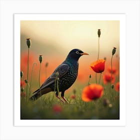 Starling In A Field Of Poppies 1 Art Print