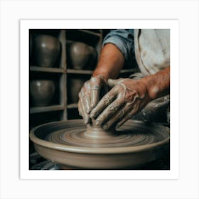 An art print featuring a close-up portrait of a skilled potter at a pottery wheel, hands covered in clay, creating a beautifully crafted ceramic piece. This unique and artisanal art print is ideal for pottery enthusiasts and those who appreciate the craftsmanship of handmade items, adding a touch of creativity to home decor. Art Print