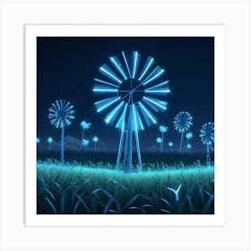 A Field Of Windmills Glowing With Blue Neon Light At Night, Surrounded By Tall Grass Art Print