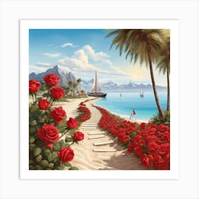 Red Roses On The Beach 1 Art Print