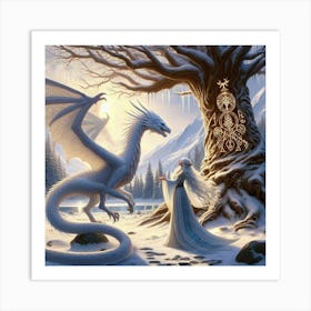 White Dragon and the fairy in white Art Print