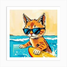 Cat In Sunglasses Riding Surfboard Art Print