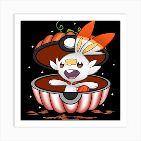 Scorbunny In Pumpkin Ball - Pokemon Halloween Art Print
