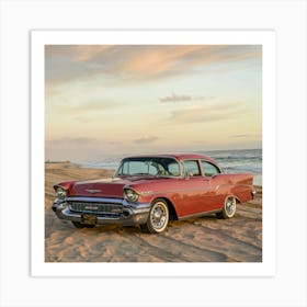 old car and beach Art Print