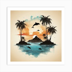 Boho art silhouette of an island with dolphins 1 Art Print