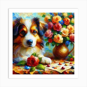 Dog With Flowers 2 Art Print