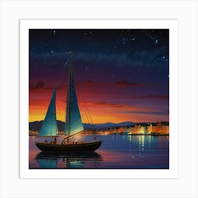 Sailboat At Night 1 Art Print