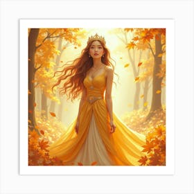 Radiant Young Queen Amidst A Watercolor Landscape Of Golden, Autumn Leaves Art Print