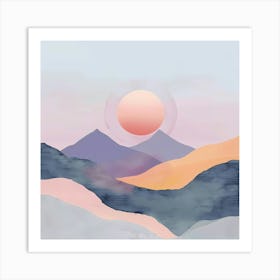 A Hand Drawn Pastel Minimalist Illustration Of A Sunset In The Mountains 3 Art Print