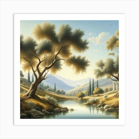 A Serene Landscape With Olive Trees And Rolling Hills (3) Art Print