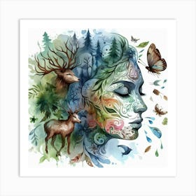 Woman With Deer And Butterflies Art Print