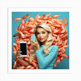 Beautiful Woman With Phone And Shrimps Art Print