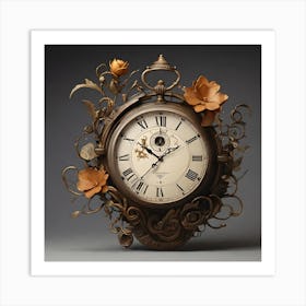 Clock With Flowers Art Print