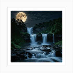 Full Moon Over Waterfall 1 Art Print