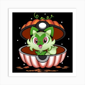 Sprigatito In Pumpkin Ball - Pokemon Halloween Art Print