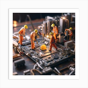 Miniature Construction Workers On A Computer Motherboard Art Print