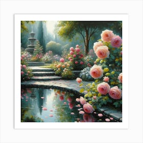 Rose Garden With The Fountain, Acrylic Style Painting 6 Art Print