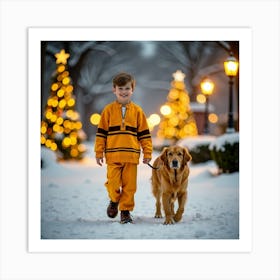 Boy And Dog In The Snow 1 Art Print