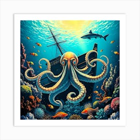 Octopus by Ship Wreck Art Print