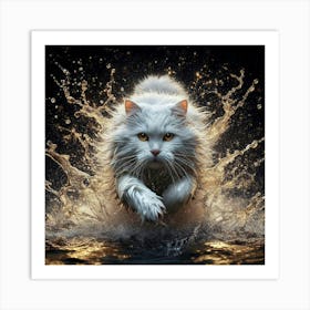 White Cat Splashing Water 1 Art Print