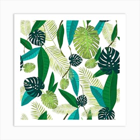 Tropical Green Leaves Pattern Square Art Print