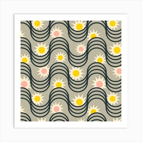 RISE AND SHINE Rising Sun Wavy Retro Mid-Century Modern Geometric Stripes in Pink Yellow Cream Black on Gray Art Print