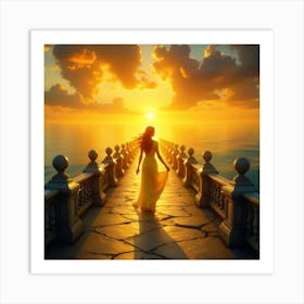 Woman Walking On A Bridge At Sunset Art Print