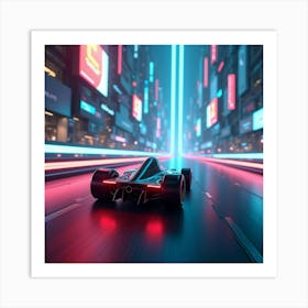 Sleek Futuristic Formula Car Racing Through A Glowing Alien City With Neon Lights 1 Art Print