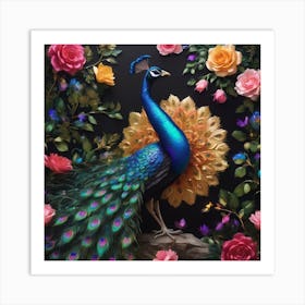 Peacock With Roses Art Print