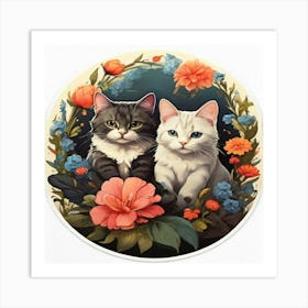 Two Cats In Flowers Art Print