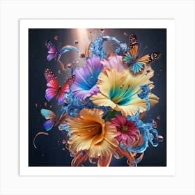 Colorful Flowers With Butterflies Art Print