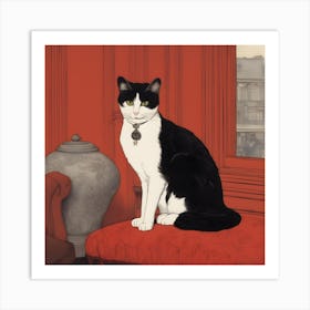 Cat Sitting On A Red Chair Art Print